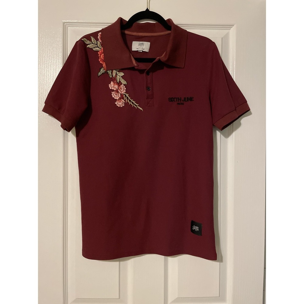 Sixth June Polo Shirt Mens L Red Floral Embroidered Roses Paris Short Sleeve
